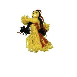Handmade Angel Doll Vintage Christmas String Yarn Folk Art Yellow Red Black